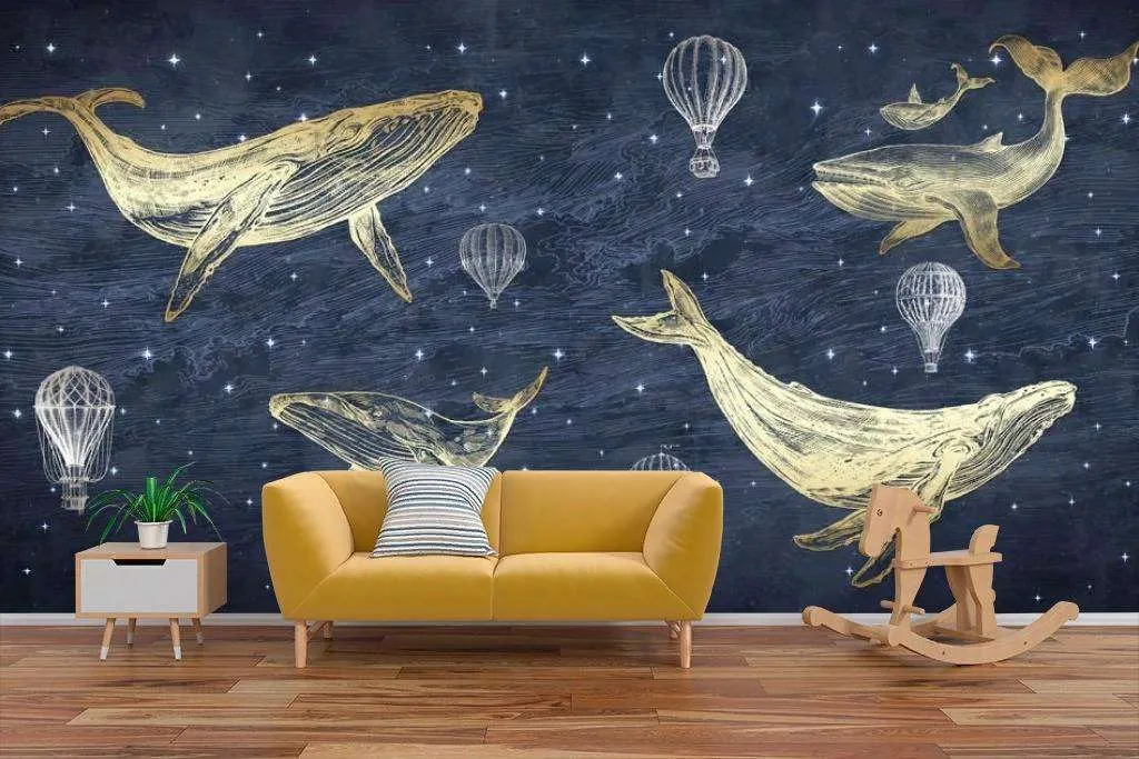 Фотообои в интерьере киты на синем фоне  14-165 фото
