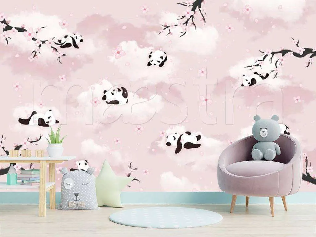 Фотообои в интерьере панды в розовом небе  15-067 фото