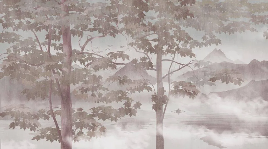 Фотообои в интерьере силуэт туманного леса  13-290 фото