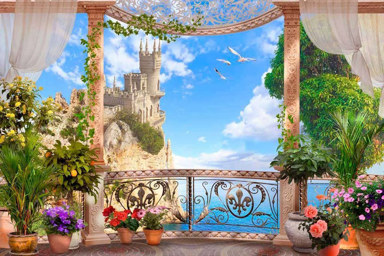 Фотообои в интерьере балкон с цветами в горах  7-296 фото