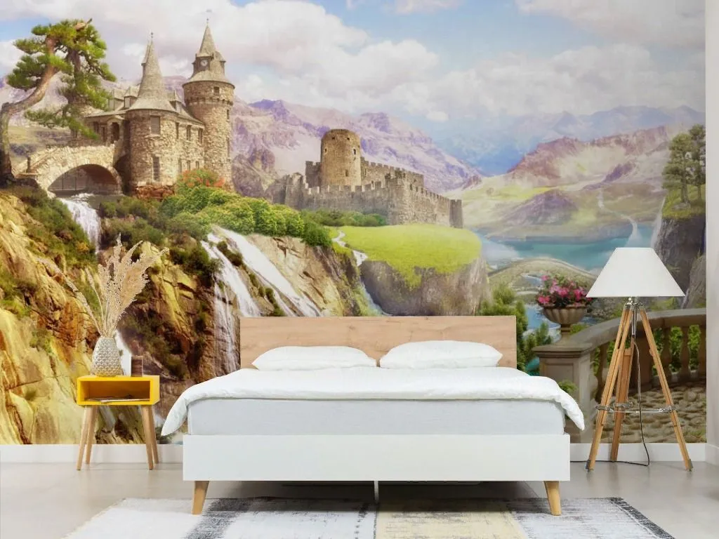 Фотообои в интерьере балкон с видом на ущелье и замок  19-0044 фото