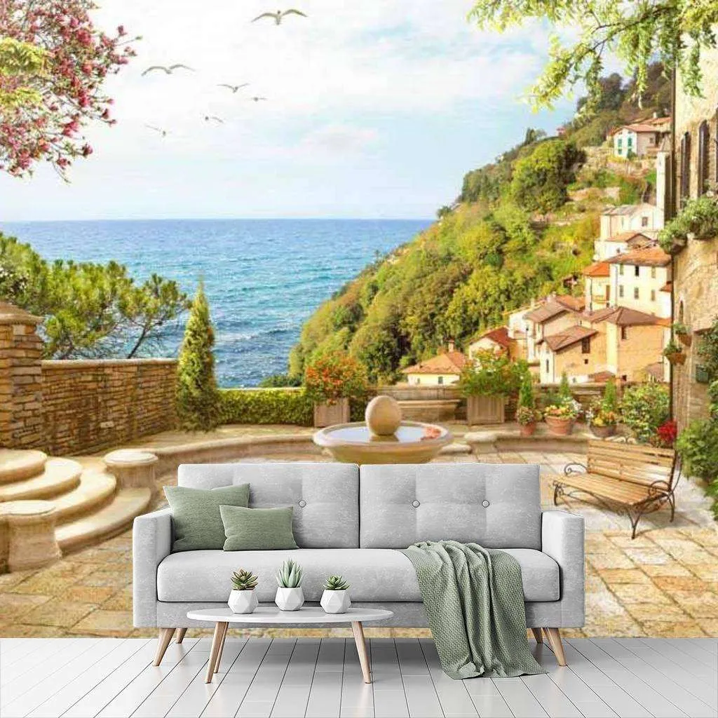 Фотообои в интерьере терраса с фонтаном у моря  17-0115 фото