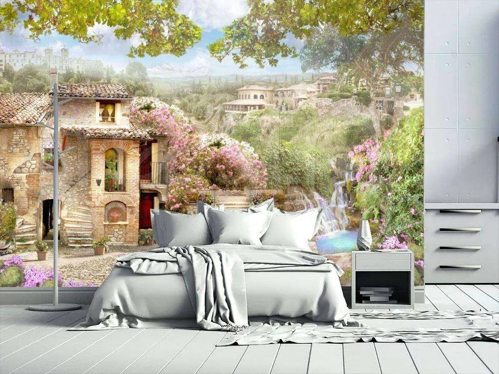 Фотообои в интерьере вид на старинный домик с водопадом  6-058 фото