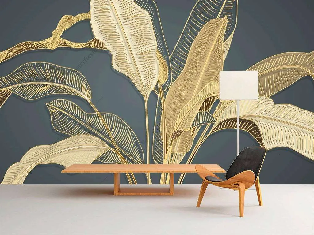 Фотообои в интерьере золотые перья на темном фоне  9-1195 фото