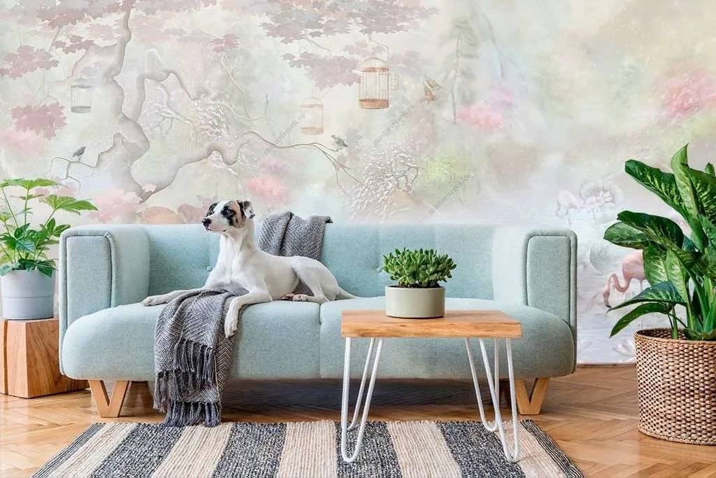 Фотообои в интерьере фламинго в японском саду  13-343 фото