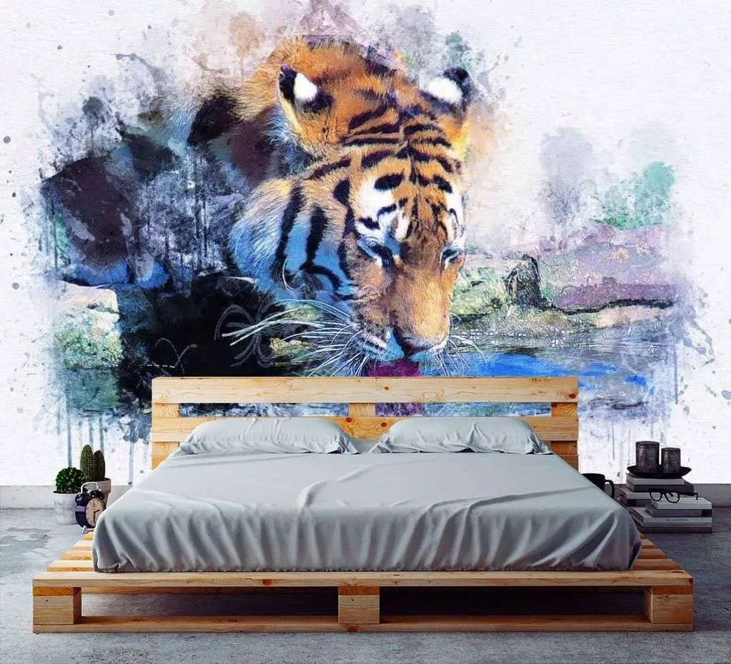 Фотообои в интерьере тигр пьёт воду  17-4302 фото