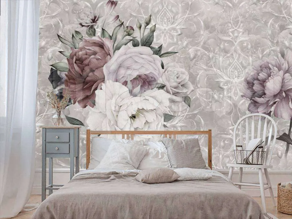 Фотообои Бесшовные обои на стену:  Пионы на сером фоне. Артикул: 7-611  