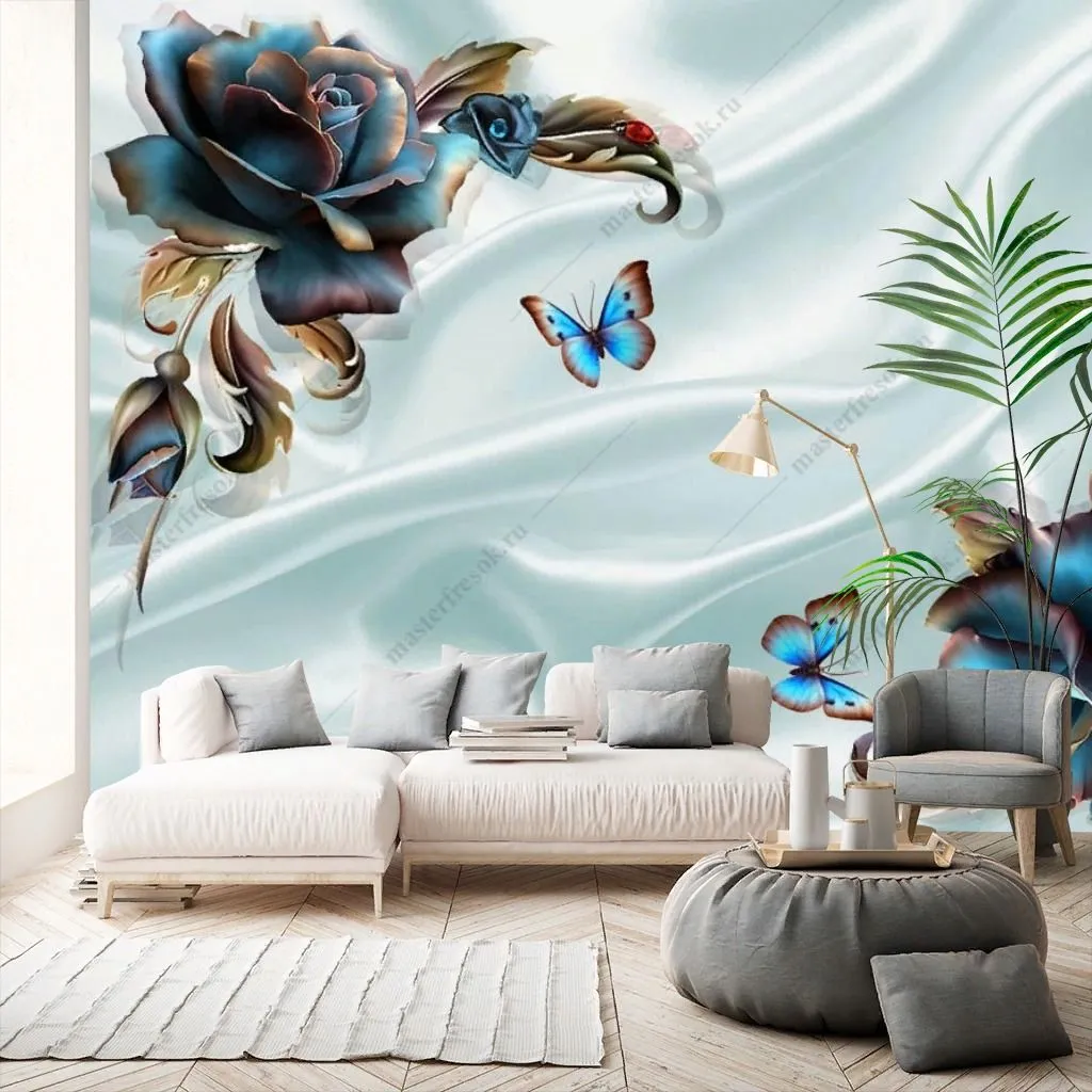 Фотообои в интерьере 3д цветы на атласе  10-907 фото