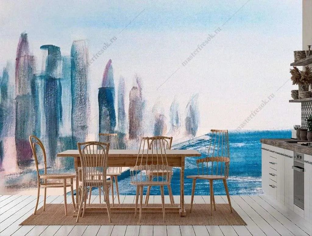 Фотообои в интерьере голубой город на берегу  9-1330 фото