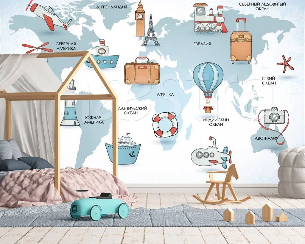 Фотообои Детская карта на голубом фоне  12-390
