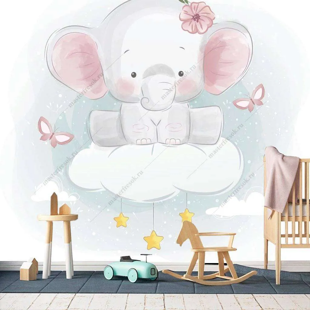 Фотообои в интерьере слоник на облачке  12-458 фото