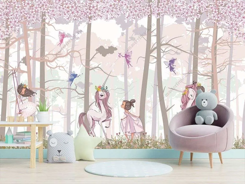 Фотообои в интерьере принцесса и единорог в лесу  14-313 фото