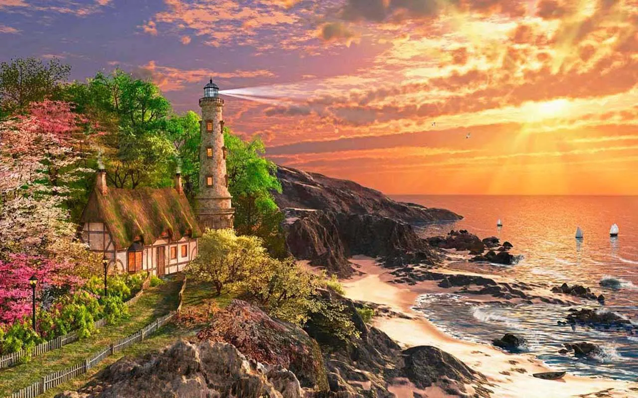 Фотообои в интерьере закат на маяке  8-114 фото