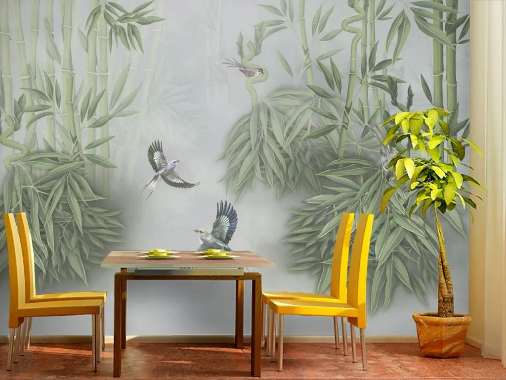 Фотообои в интерьере птицы и бамбук  13-704 фото