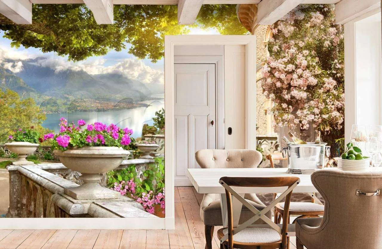 Фотообои в интерьере цветочный сад с видом на озеро  5-096 фото