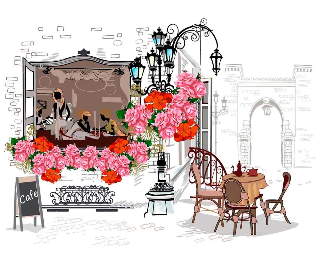 Фотообои в интерьере кафе и розовые цветы  9-137 фото