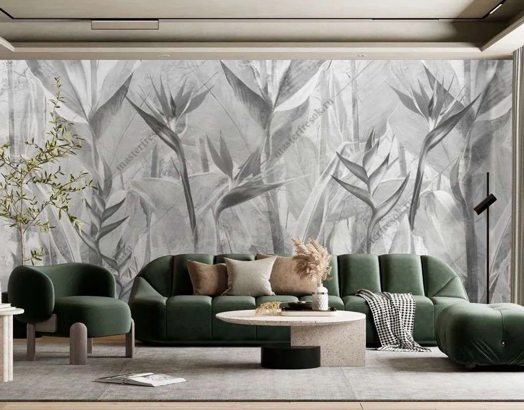 Фотообои в интерьере черно-белые тропические листья  10-959 фото