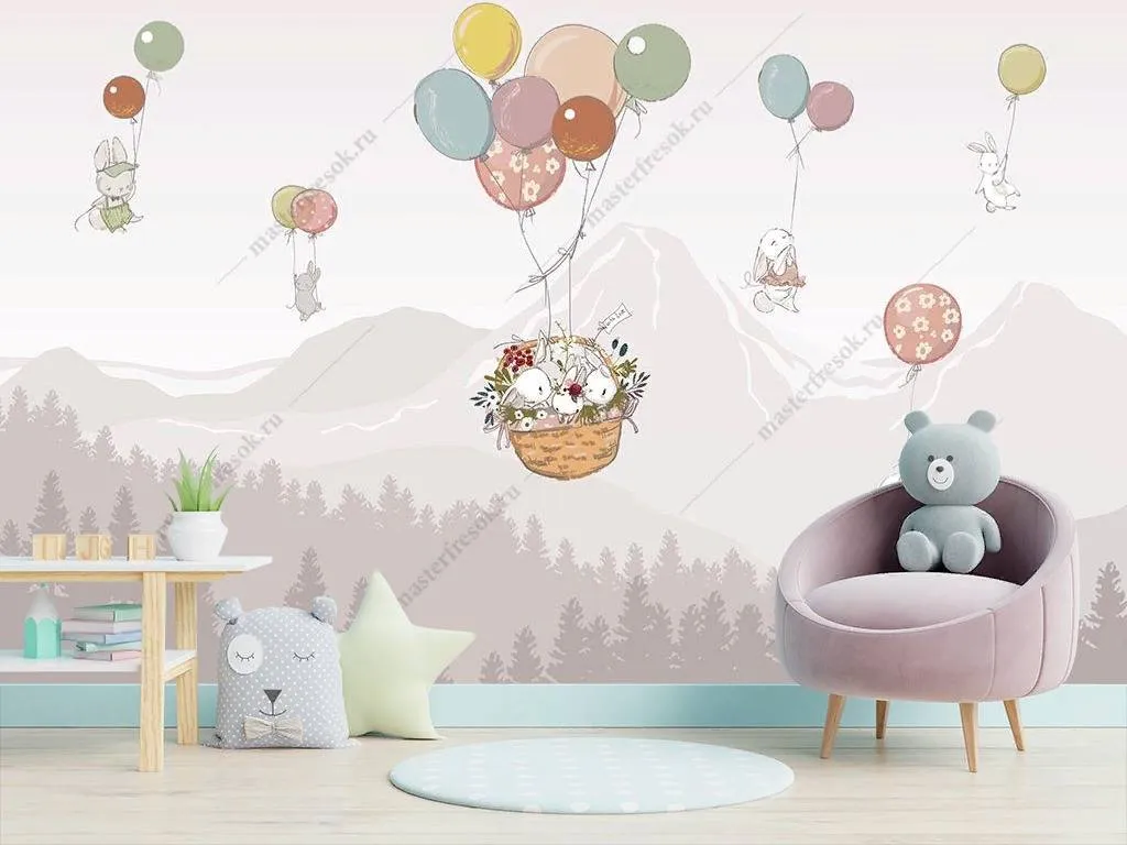 Фотообои Зайчики на шариках в горах  14-075