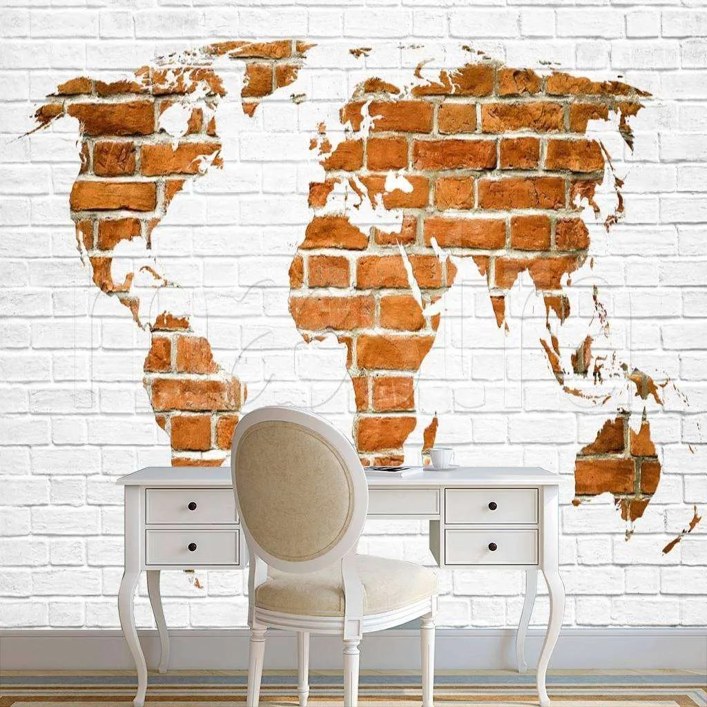Фотообои в интерьере карта мира на кирпичной стене 2  7-629 фото