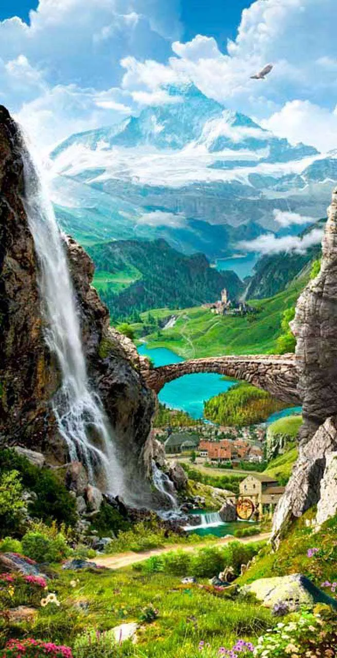 Фотообои в интерьере 3д водопад в горах  11-150 фото