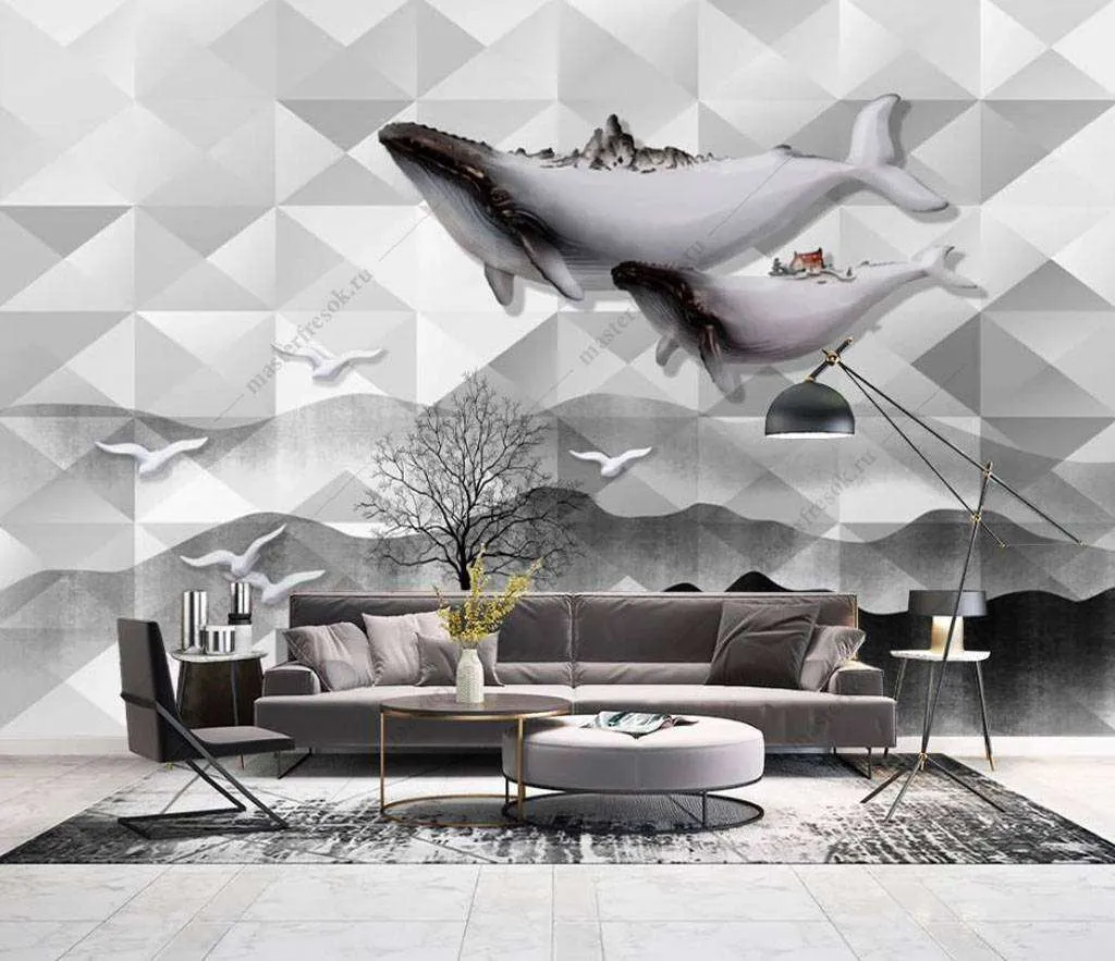 Фотообои в интерьере летающие киты  16-015 фото