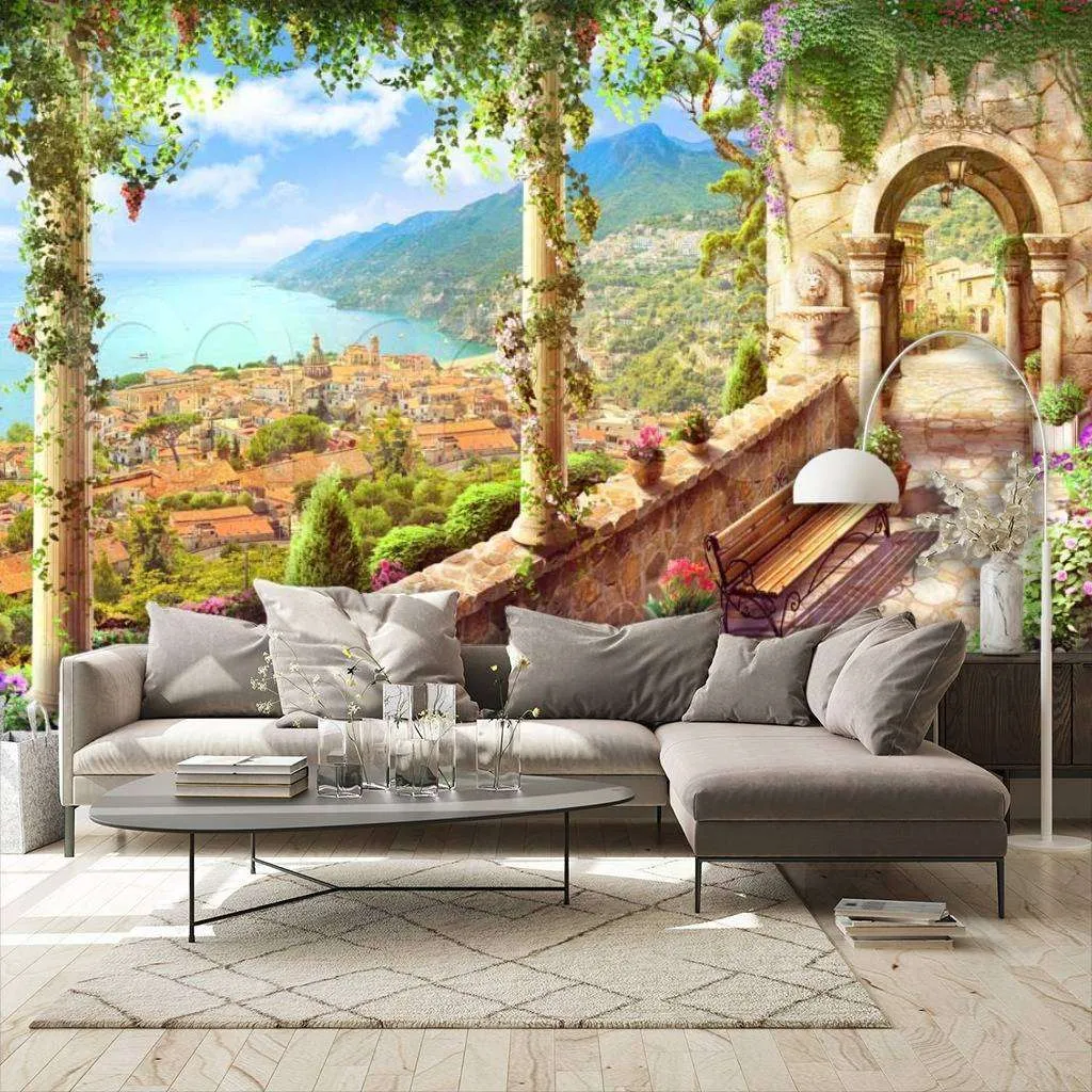 Фотообои в интерьере вид с террасы на райский уголок  11-141 фото