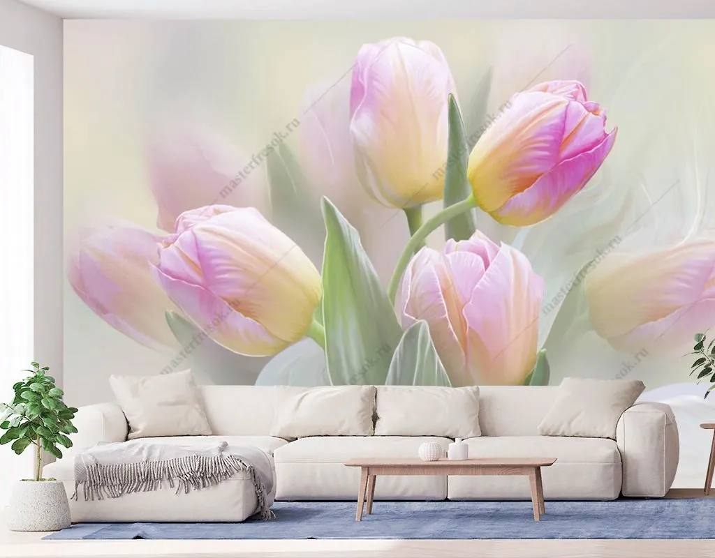 Фотообои в интерьере тюльпаны нежные  13-602 фото