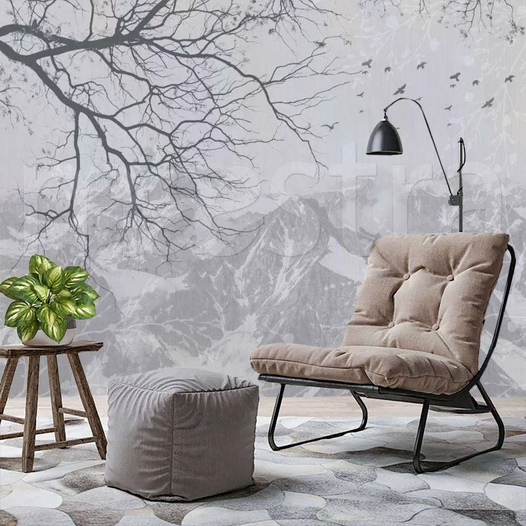 Фотообои Ветка на фоне гор серая  7-615