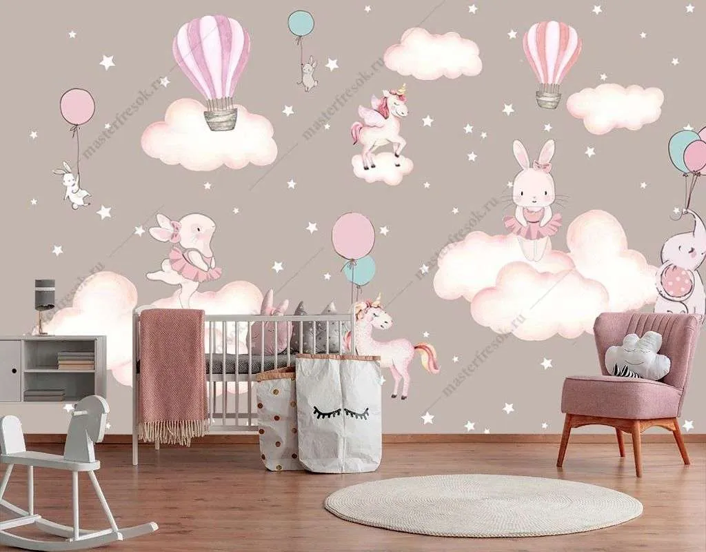 Фотообои в интерьере зайчики на облаках  12-1492 фото