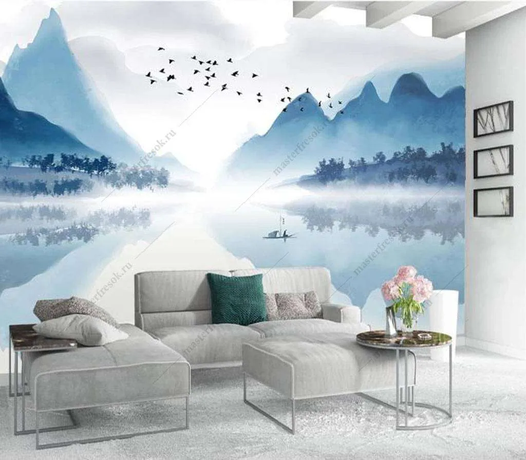 Фотообои в интерьере отражение гор  16-140 фото