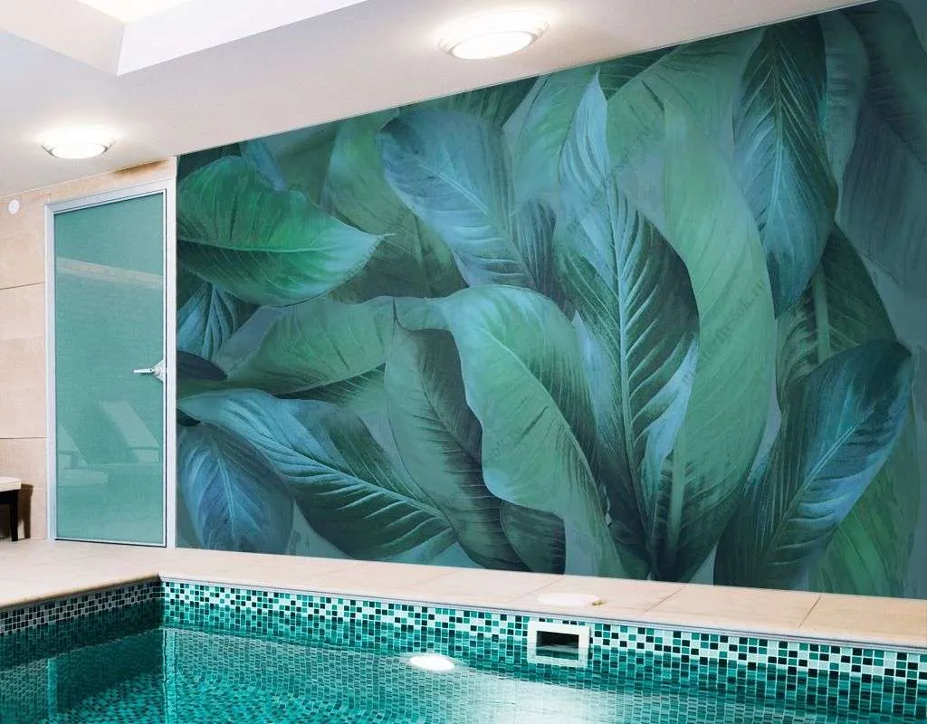 Фотообои в интерьере зеленые тропические листья  13-399 фото