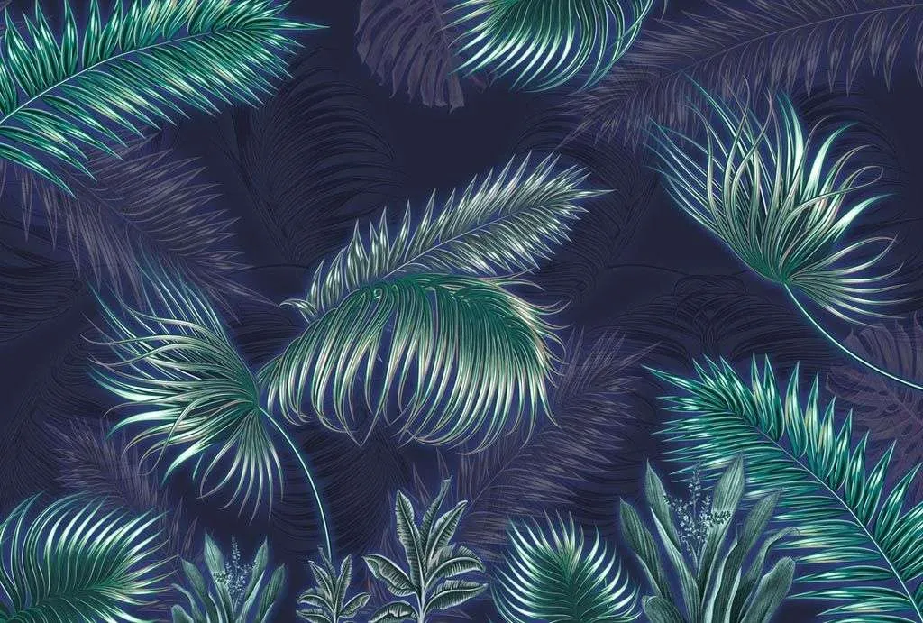 Фотообои в интерьере тропические листья на темном фоне  10-731 фото