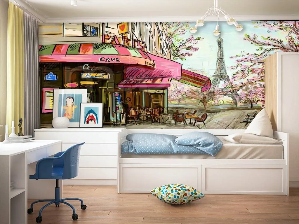 Фотообои в интерьере кафе в париже карандашами  9-773 фото