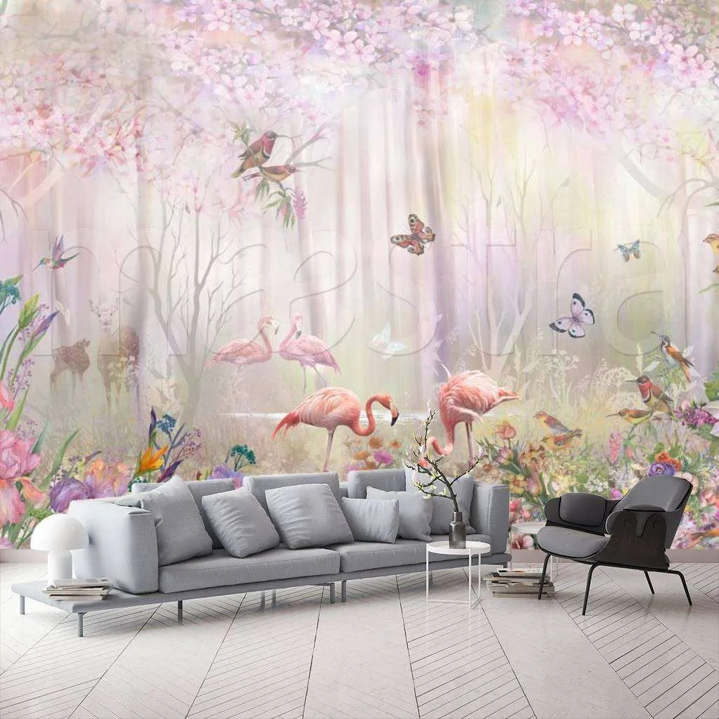 Фотообои в интерьере розовый фламинго в утреннем лесу 3  7-573 фото