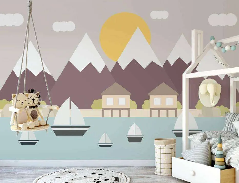 Фотообои в интерьере кораблики на фоне гор  15-170 фото