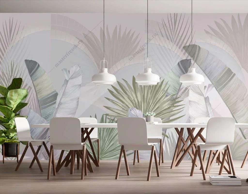 Фотообои в интерьере пастельные тропические листья  14-547 фото