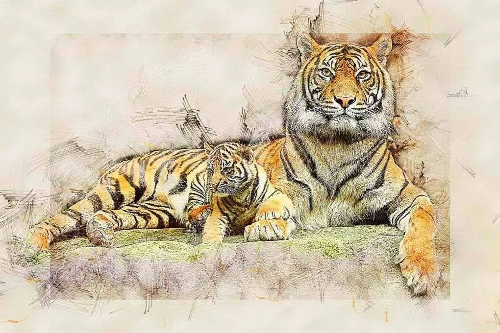 Фотообои в интерьере тигр с тигрёнком  17-4297 фото