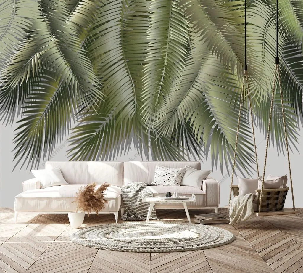 Фотообои в интерьере темно-зеленые листья  14-504 фото