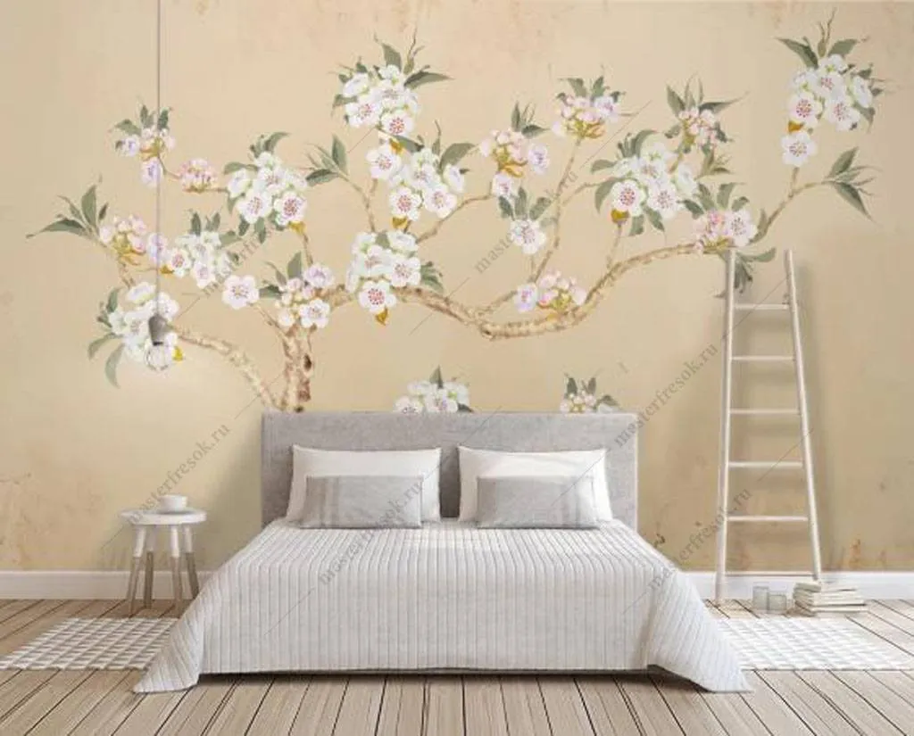 Фотообои в интерьере ветка цветущей яблони  15-916 фото