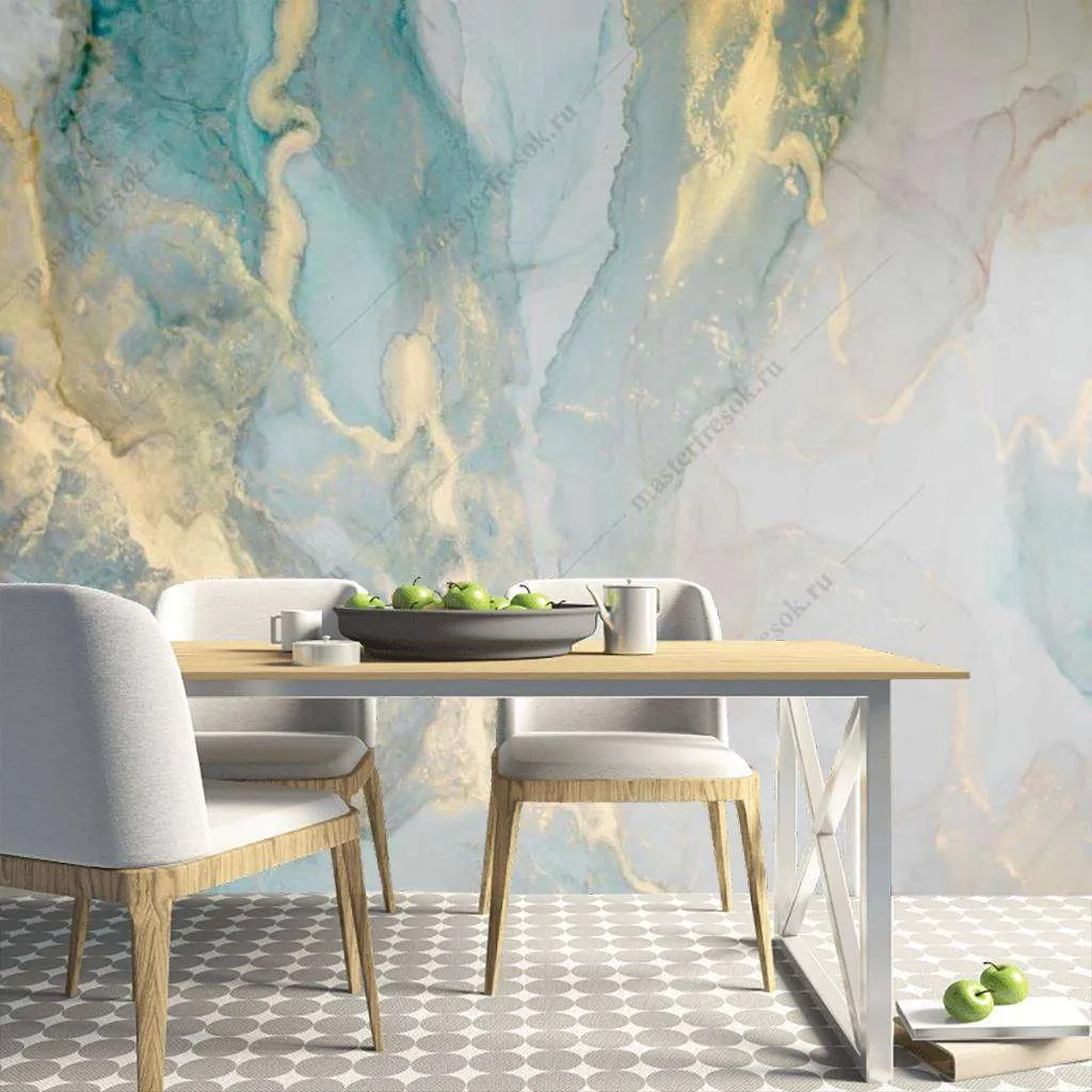 Фотообои в интерьере флюид арт золотая бирюза  9-1033 фото