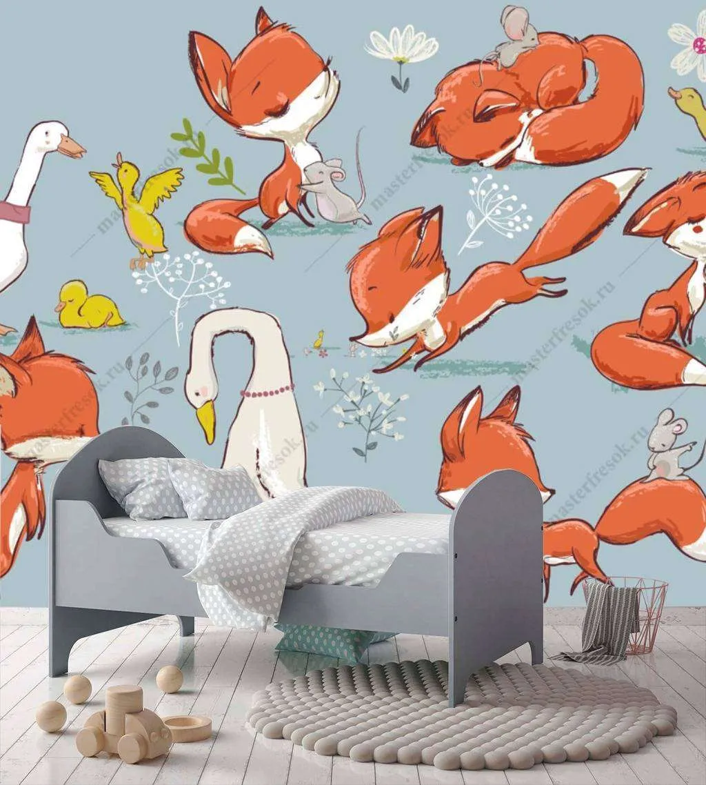 Фотообои в интерьере лисички на сером фоне  12-722 фото