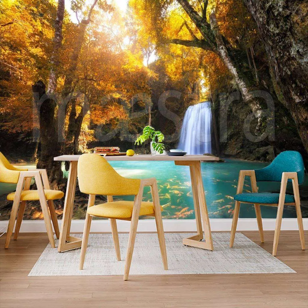 Фотообои в интерьере водопад в желтой листве  9-859 фото