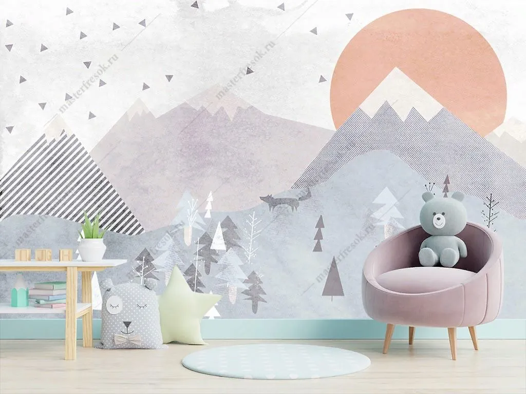 Фотообои в интерьере геометрический лес в горах  14-327 фото