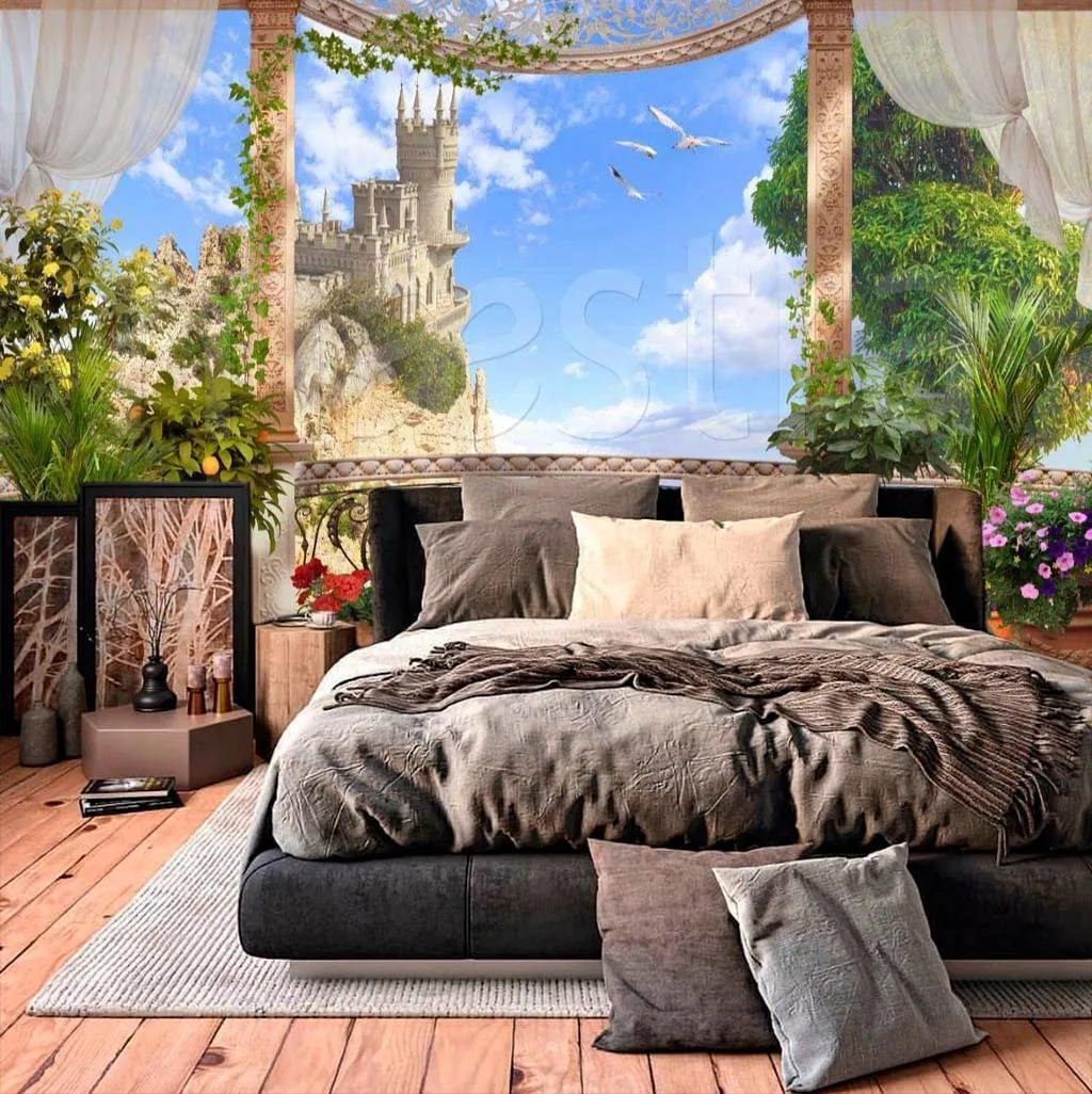 Фотообои в интерьере балкон с цветами в горах  7-296 фото