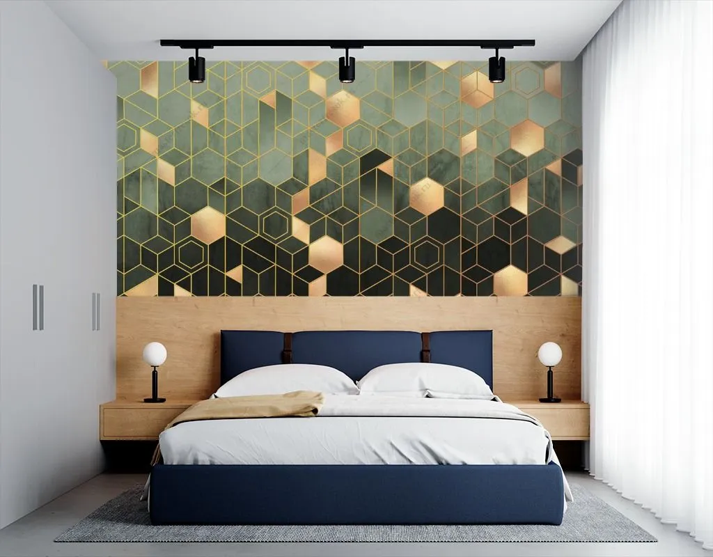 Фотообои в интерьере геометрия шестиугольники золотые  9-1511 фото
