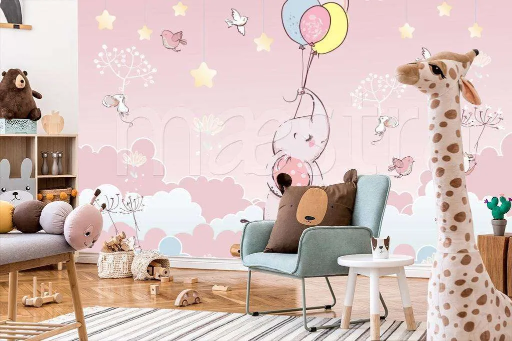 Фотообои в интерьере слон парит в облаках на розовом фоне  12-410 фото