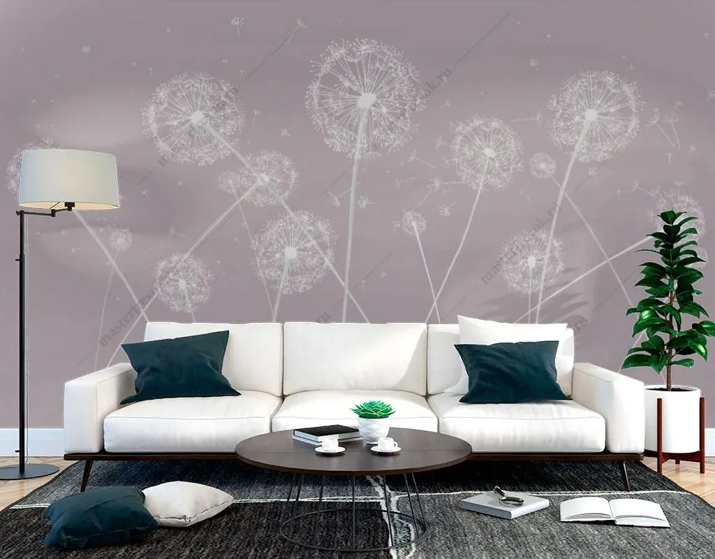 Фотообои в интерьере одуванчики на розовом фоне  14-527 фото