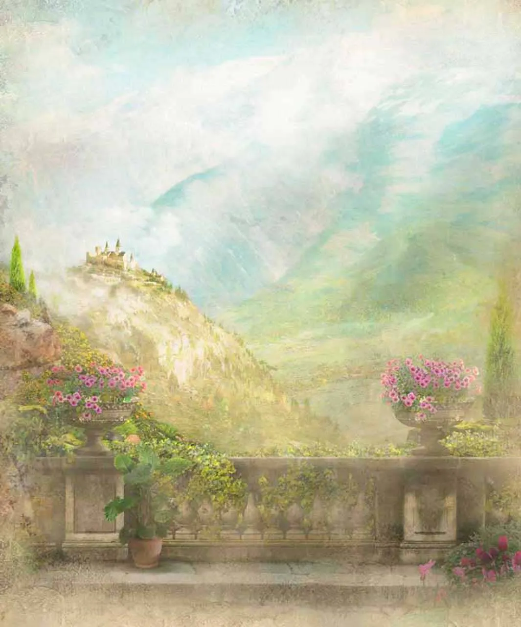 Фотообои в интерьере состаренный пейзаж с видом на горы  11-085 фото