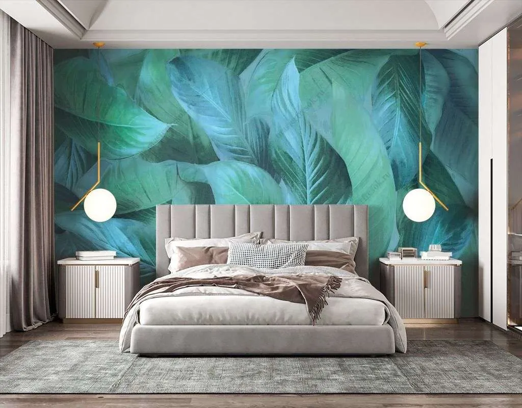 Фотообои в интерьере зеленые тропические листья  13-399 фото