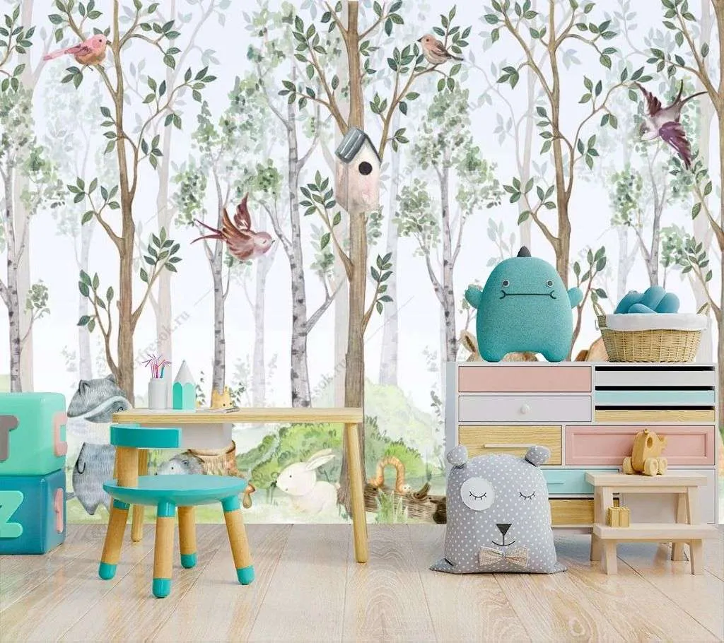 Фотообои в интерьере лесные животные акварелью  12-1313 фото